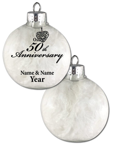 Beyond Wonderland Creations - Personalized Glass 50th Anniversary Ornament, Handcrafted & Unique 50th Anniversary Gifts (None, Plain Back, White Feathers)