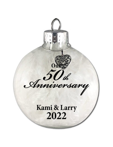 Beyond Wonderland Creations - Personalized Glass 50th Anniversary Ornament, Handcrafted & Unique 50th Anniversary Gifts (None, Plain Back, White Feathers)