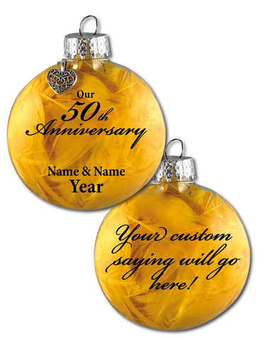 Beyond Wonderland Creations - Personalized Glass 50th Anniversary Ornament, Handcrafted & Unique 50th Anniversary Gifts (None, Custom Saying Back, Gold Feathers)